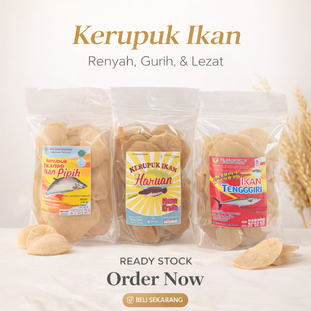 Kerupuk Ikan Pipih/Belida, Ikan Tenggiri, Ikan Haruan Mentah Asli ,Gurih, Renyah