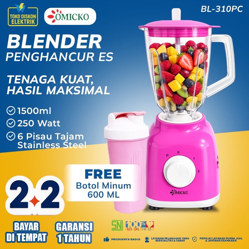 OMICKO Blender BL-310PC 1500ml Pink Hemat Listrik | 6 Pisau Stainless Steel | Blender Buah Bumbu Es