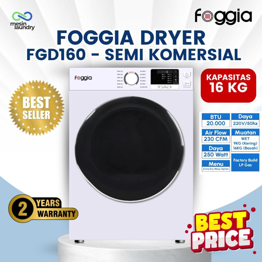 FOGGIA FGD160 Mesin Pengering 16 KG | Jumbo Kapasitas 226 L | Pengering Laundry Gas Tahan Lama