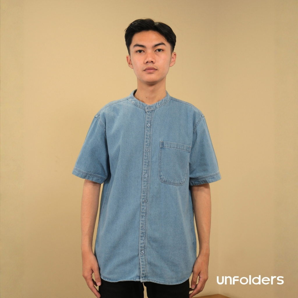 Unfolders | Khael Kemeja Koko Denim Lengan Pendek Polos | Baju Lebaran 2026