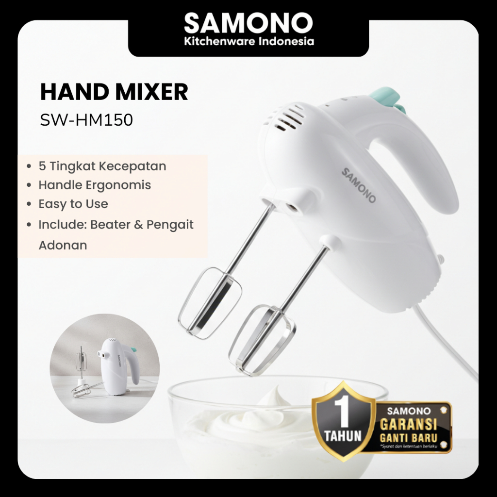 SAMONO Hand Mixer 150 Watt 5 Kecepatan Low Watt Mixer Kue dan Roti Mikser Kue Mixer Kopi Mini SW-HM1