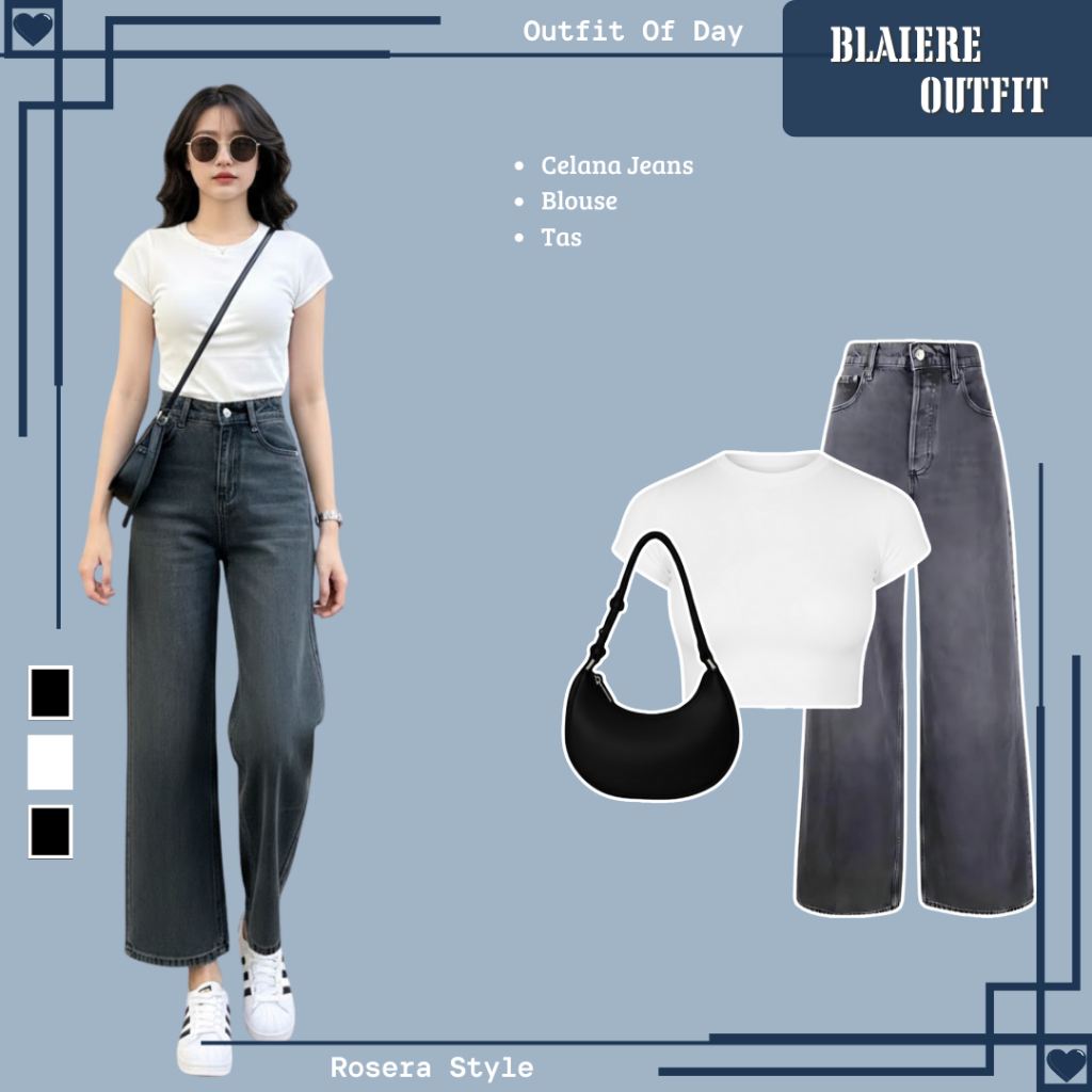 Setelan 3in1 { Crop tee + Celana Jeans + Tas } One Set Korean Style | Fashion Wanita kekinian_RS18