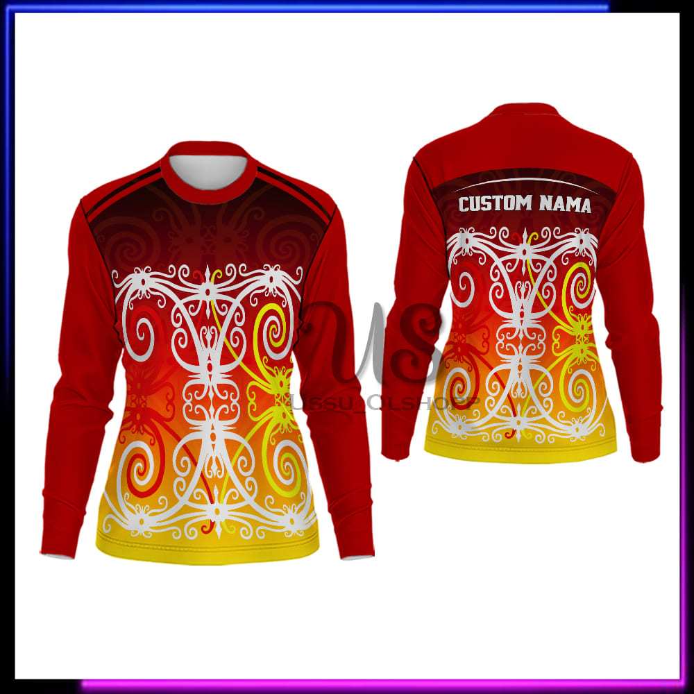Jersey Dayak Batik Kalimantan - Baju Motif Dayak - Kaos Wanita Motif Batik Kalimantan Lengan Panjang