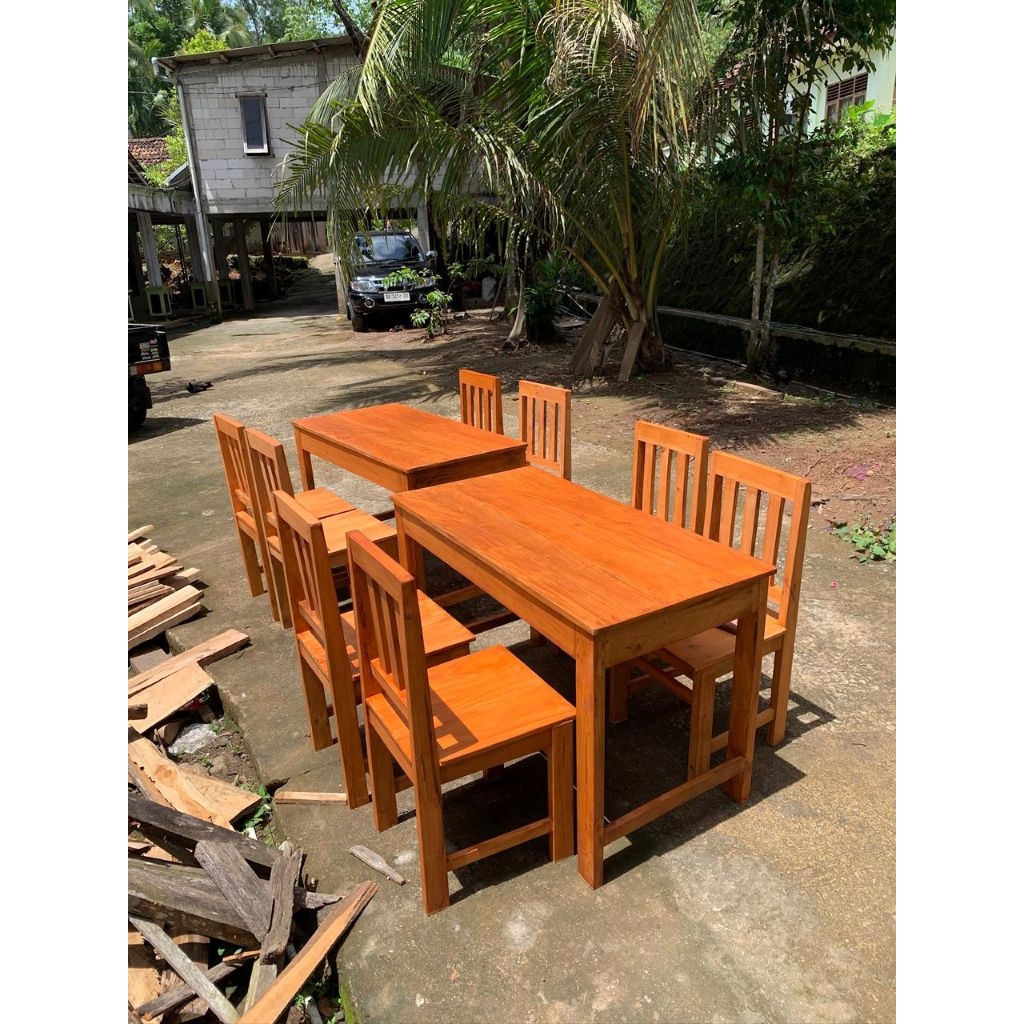 set meja kursi makan warung siap pakai kayu mahoni
