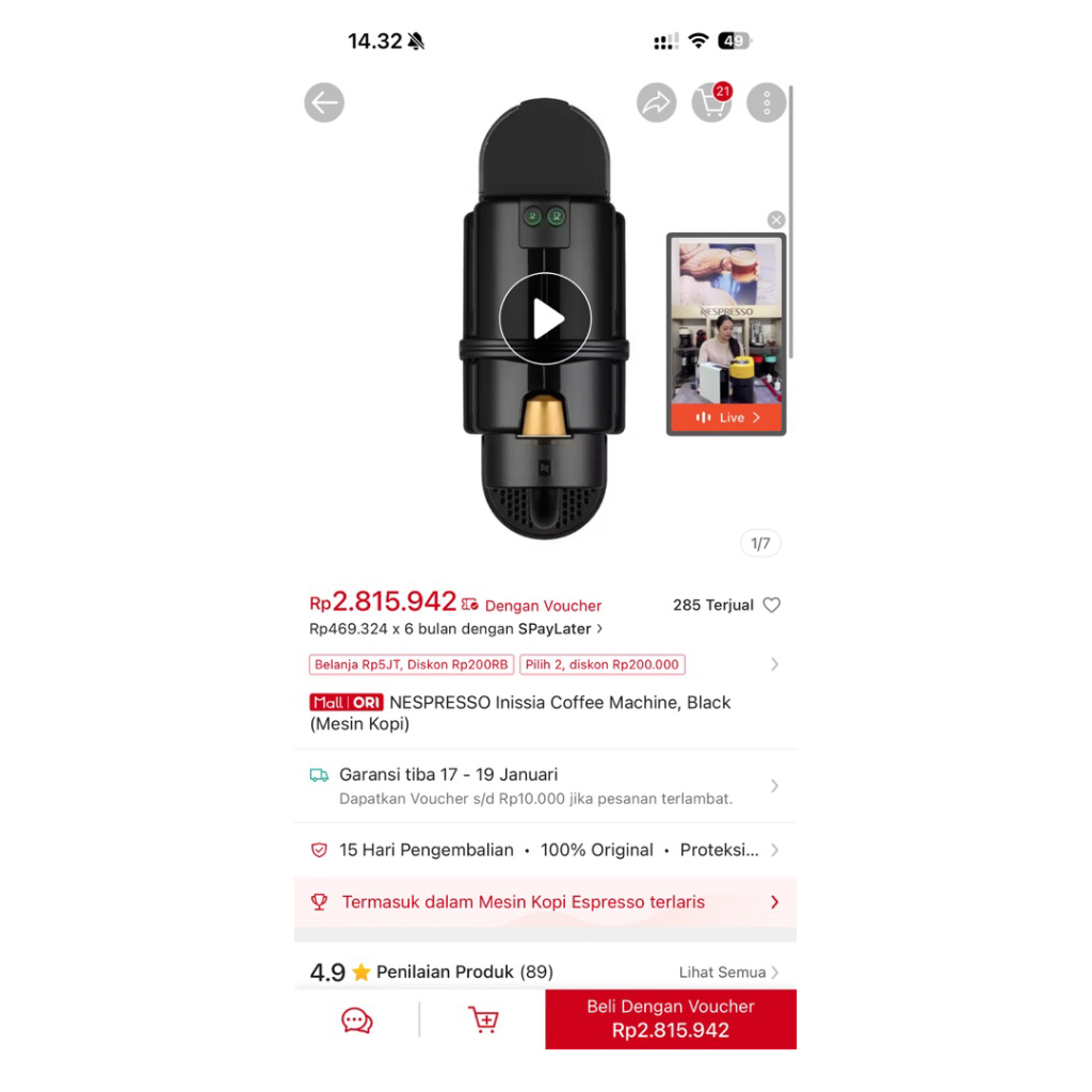 Nespresso Inissia Coffee Machine Red