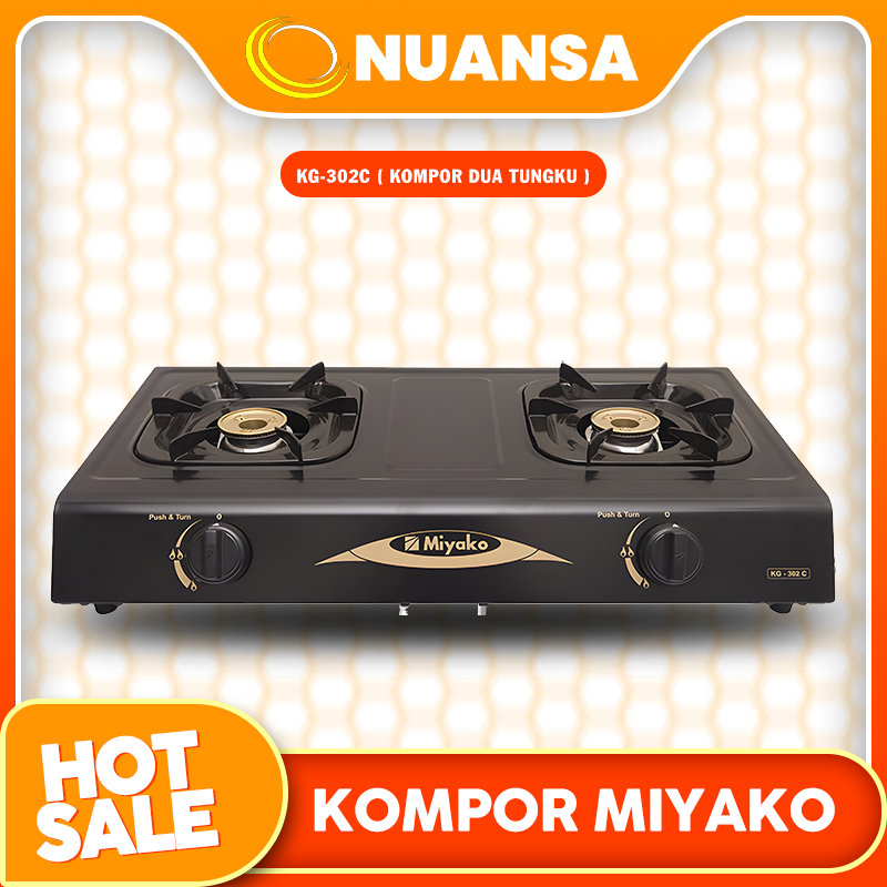 Miyako KG-302C adalah kompor gas dua tungku dengan body cetlon anti gores, burner kuningan untuk api