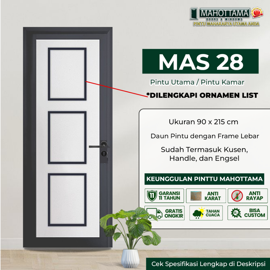 MAHOTTAMA MAS28 - Pintu Rumah Kamar Tidur Kamar Mandi Aluminium 90 x 215cm Utama 1 Set Kunci Handle 