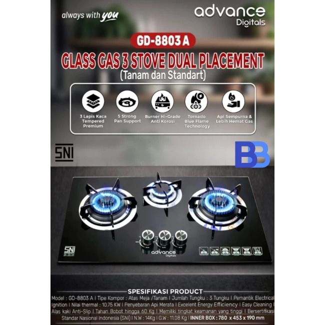 ADVANCE KOMPOR GAS KACA TANAM 2 TUNGKU GB 8802A