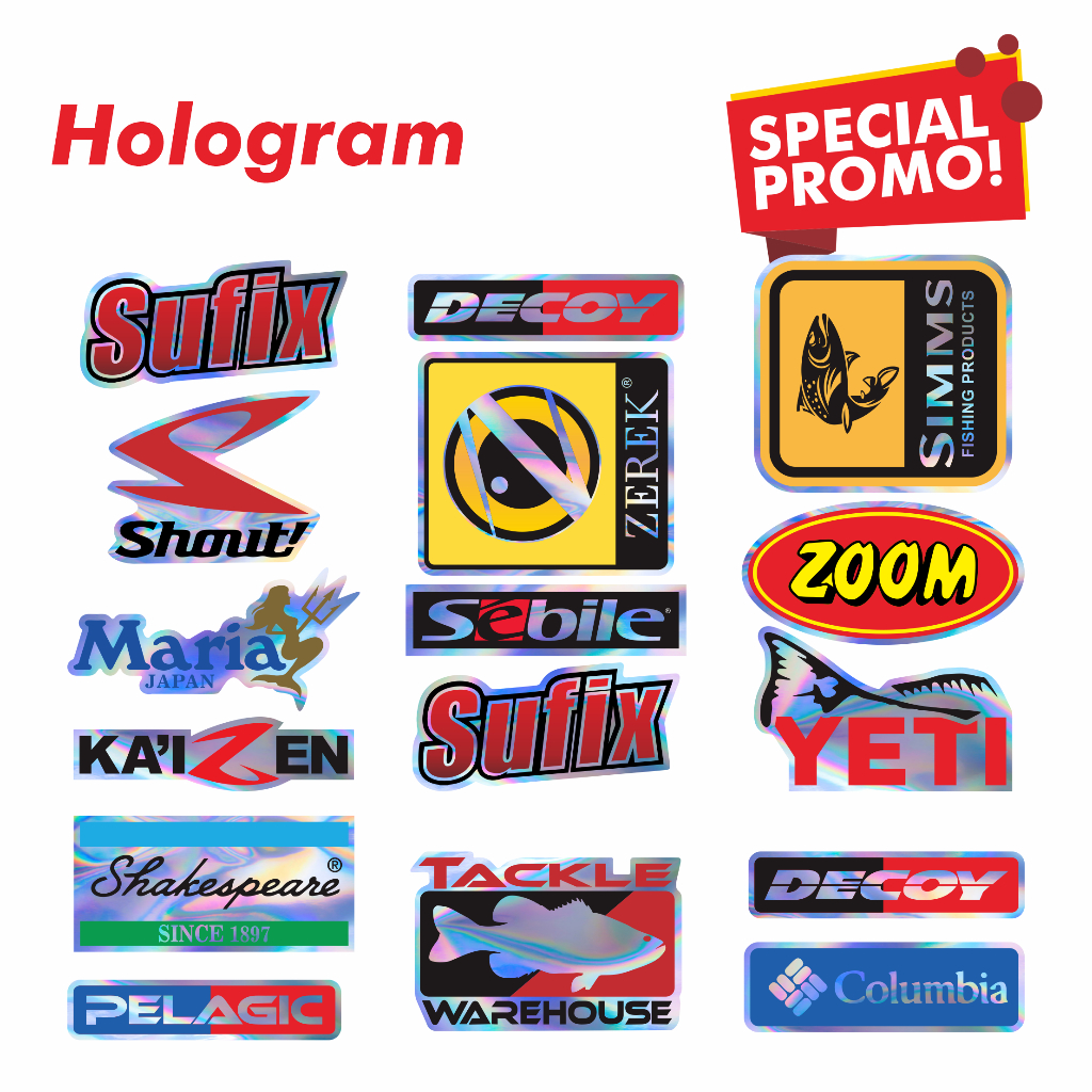 Paket Stiker Pancing Pack Isi Banyak | Logo Brand Mancing Hologram Terkenal Murah