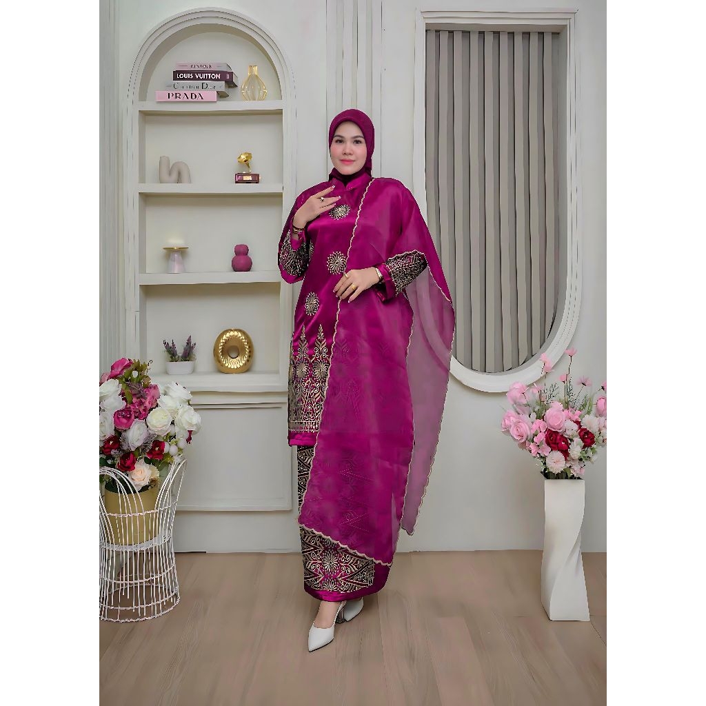 Terbaru Set Rok Selendang Sharmila / Yokohama Silk Premium / Selendang Organza Bordir / Baju Kurung 