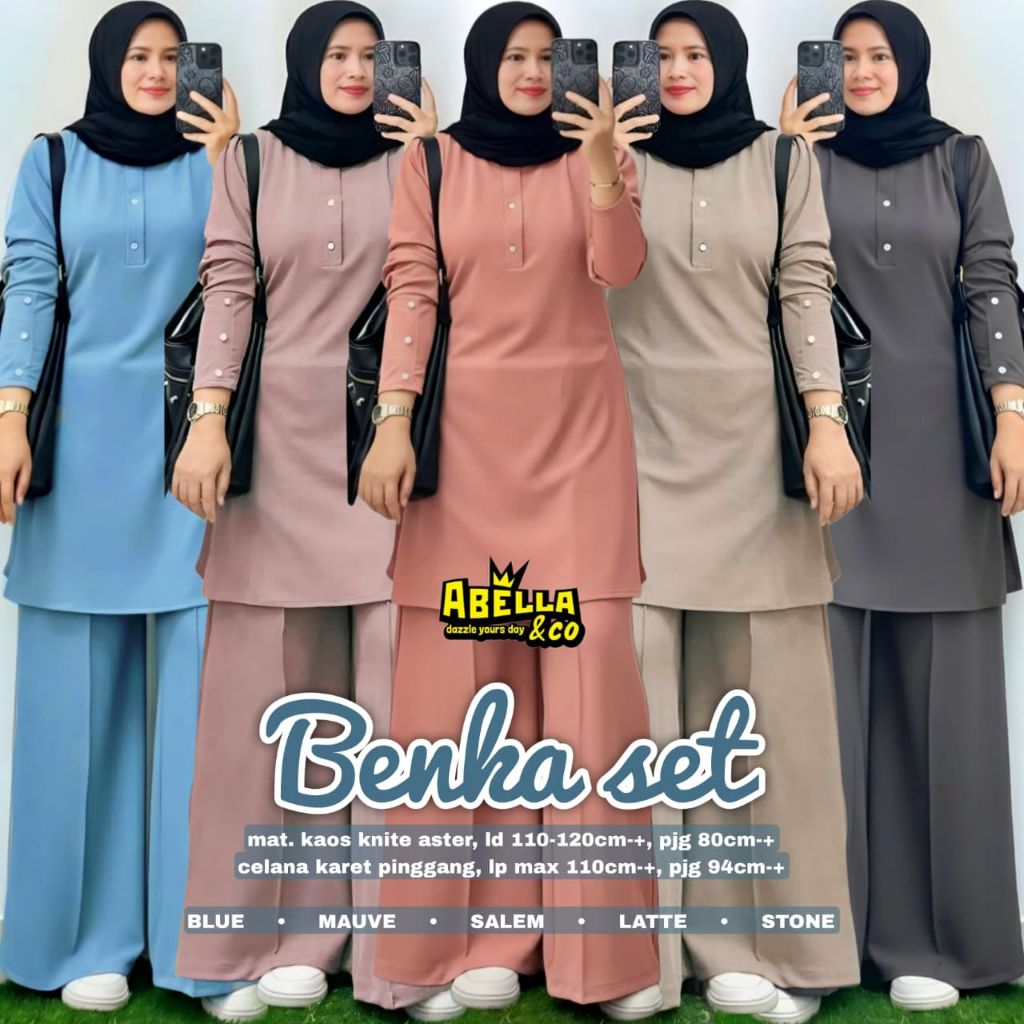 BENKA SET ORIGINAL BY ABELLA&CO BAHAN MAT KAOS KNITE ASTER CELANA KARET PINGGANG