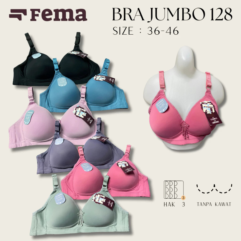 Bra FEMA 128 Jumbo Size 36-46 Tanpa Kawat - BH Wanita Big Size Polos Super Soft Nyaman