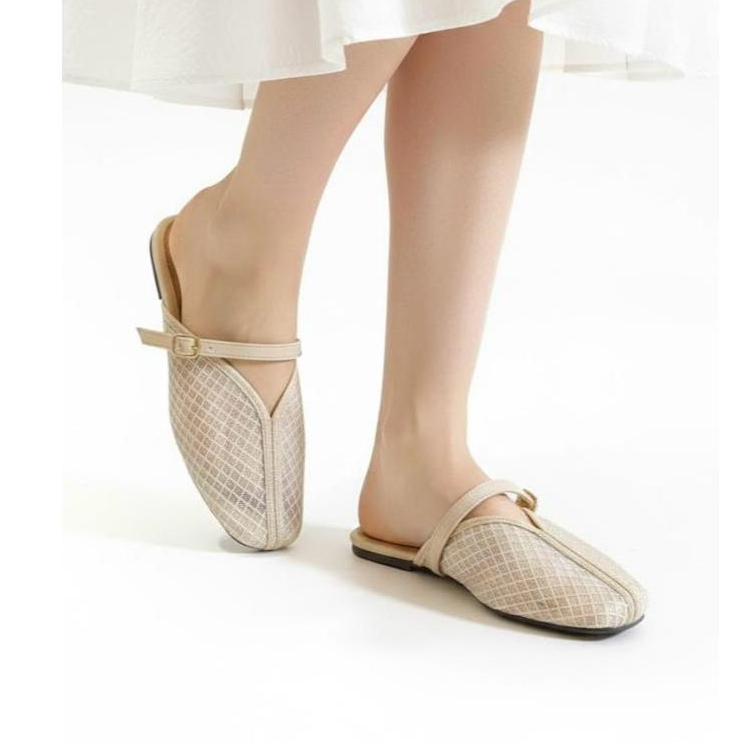 DINASTY CELYN Sepatu Sandal Flatshoes Wanita Slip On Casual Mules Brukat Transparan