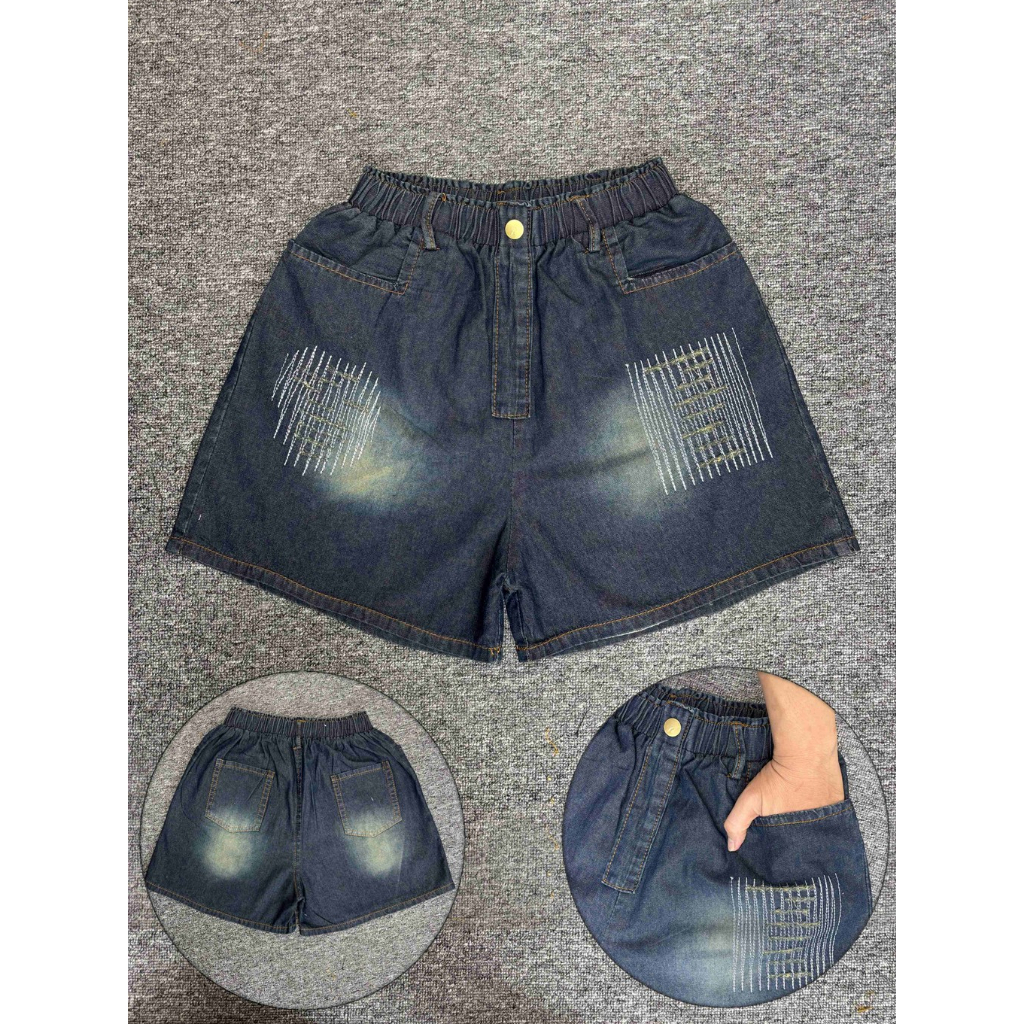 HPSB - Hot pants jeans high waist model bordir garis - celana pendek wanita bahan jeans denim - cela