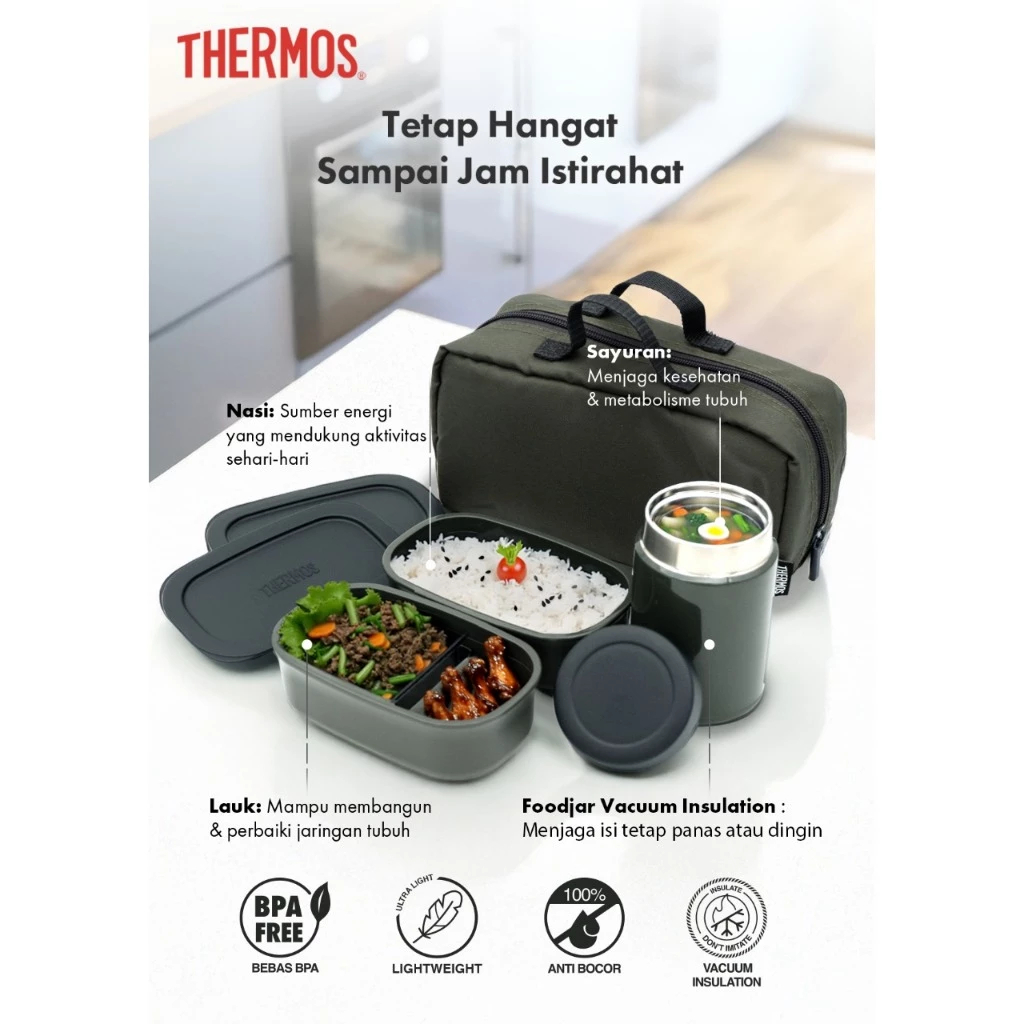 THERMOS JEA-801 Lunch Set Vacuum Insulated 800ml Kotak Makan Stainless Steel Food Jar 200ml & 2 Cont