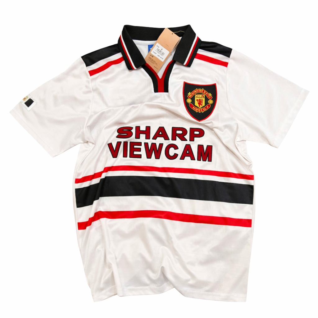 Jersey Bola Retro VINTAGE MEN.U AWAY SHARP VIEWCAM PUTIH 1998/1999 GRADE AAA Classic | Second Half