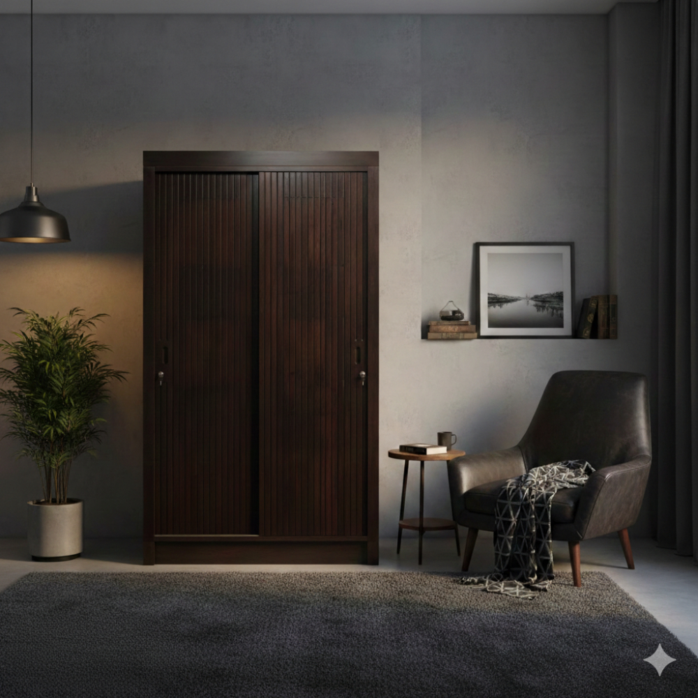 Lemari Pakaian Kayu Jati Solid 2 Pintu Geser Motif Salur