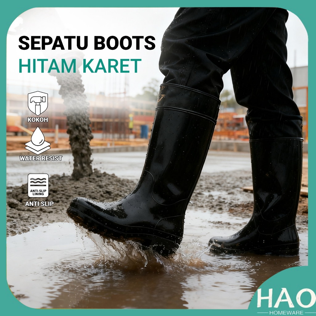 Sepatu Boots Hitam Karet Anti Slip /Sepatu Boots Panjang Karet Waterproof Safety