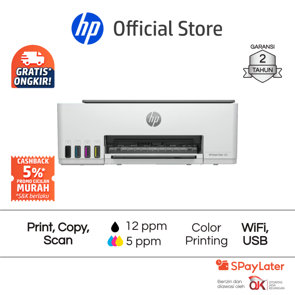 Printer HP Smart Ink Tank 525 / 520 / 580 All in One Print Scan Copy USB Fotocopy Color Colour Warna