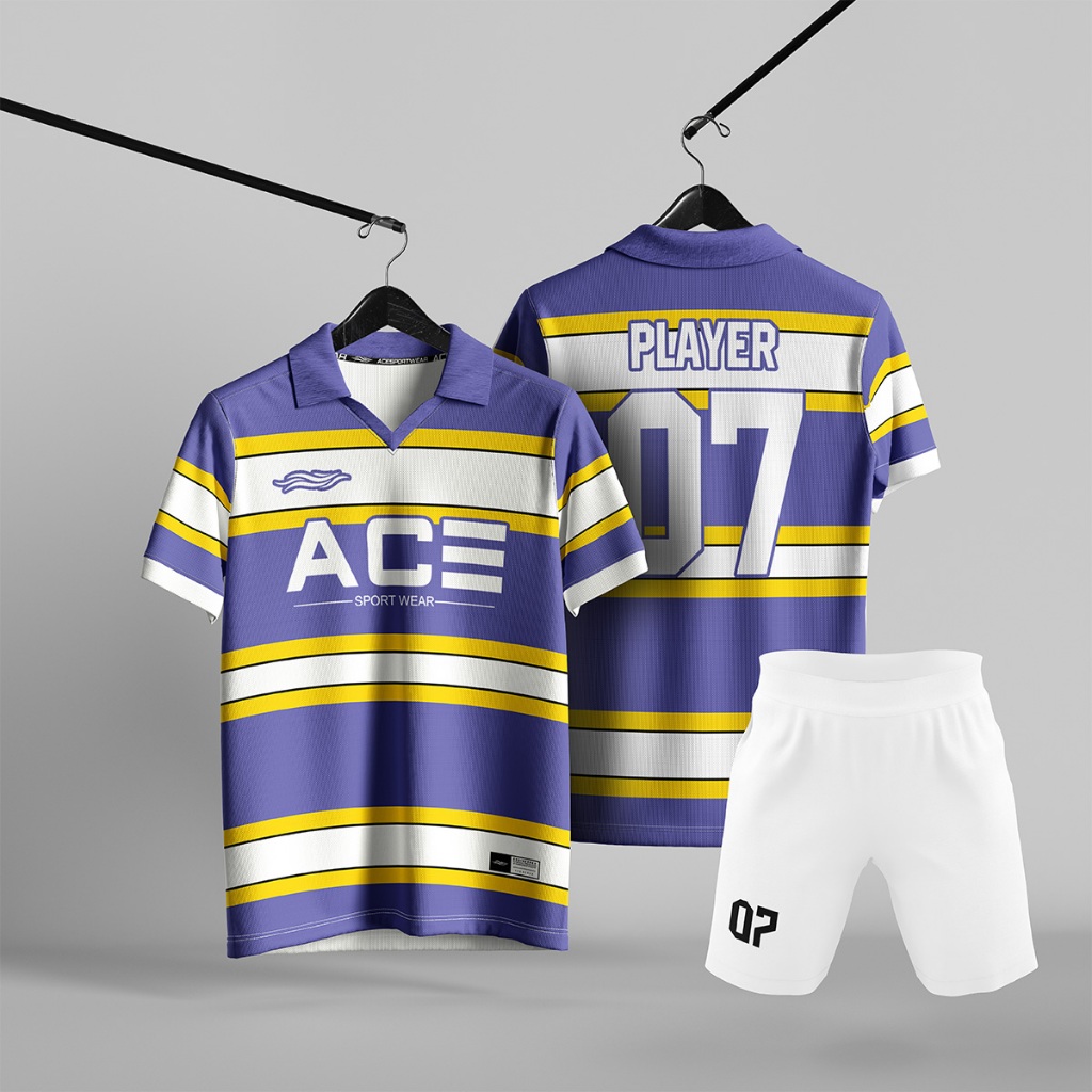 Setelan Jersey Futsal Tim Unisex Ungu Motif Garis Horizontal Putih Kuning