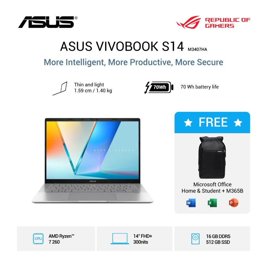 ASUS VIVOBOOK S14 M3407HA RYZEN 7 260 16GB 1TB WINDOWS 11 +OFFICE 14.0 WUXGA VIPS