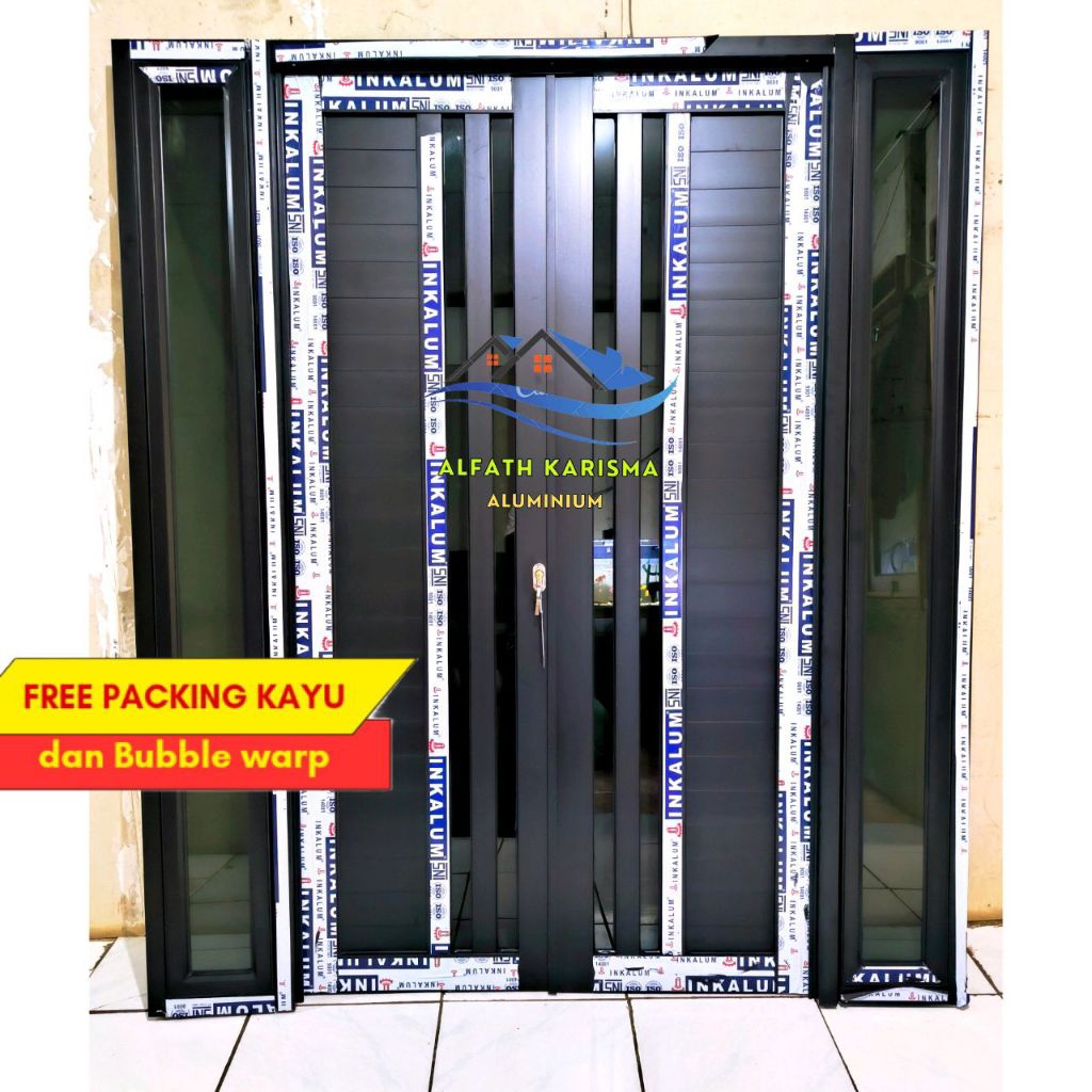 Pintu Utama kupu-tarung Aluminium & Jendela kanan-kiri full set lengkap sm kusen.