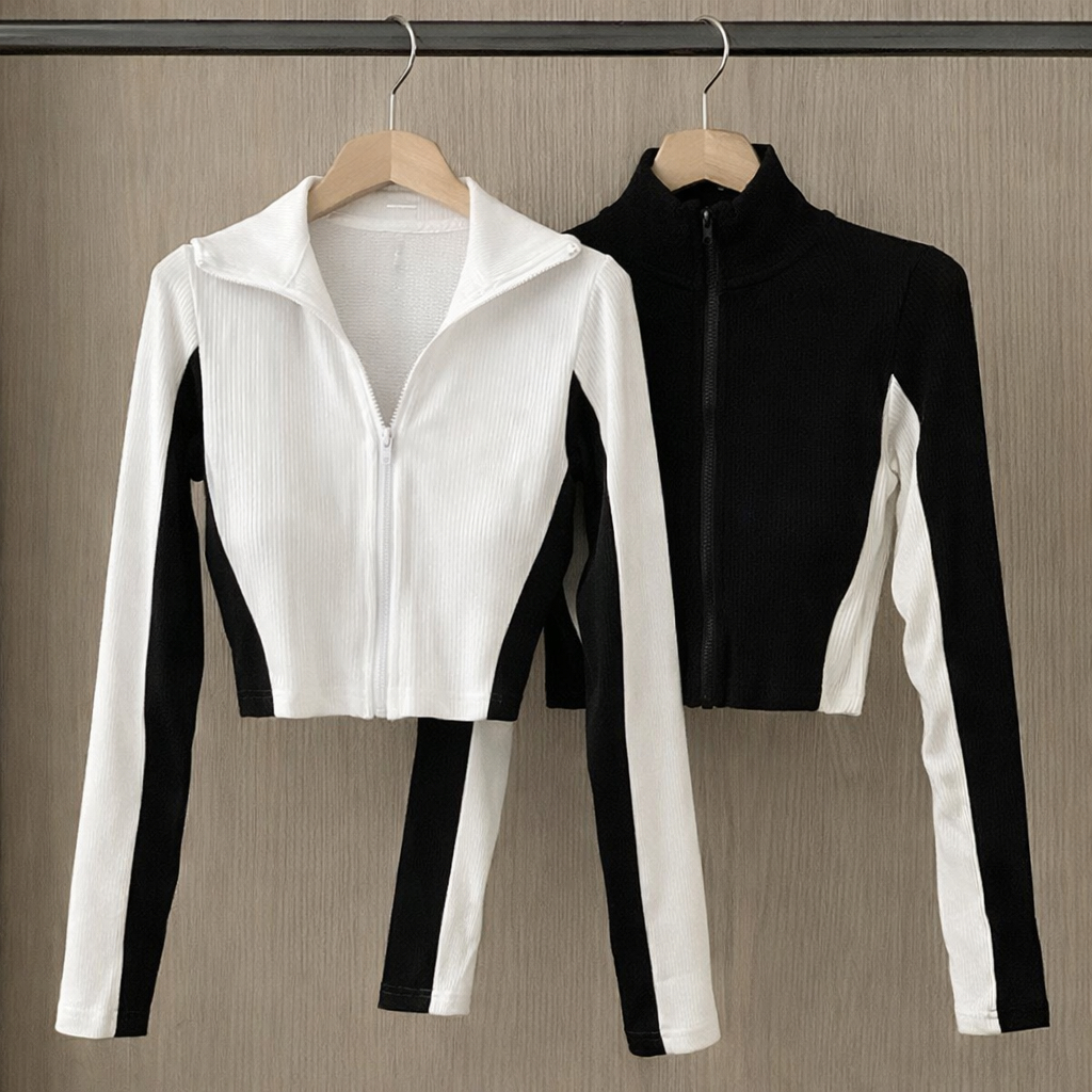 [Hallyu] Atasan Jaket Sport Wanita Korean Style Polo Knit Full Zipper | Jaket Lengan Panjang Hoodie 