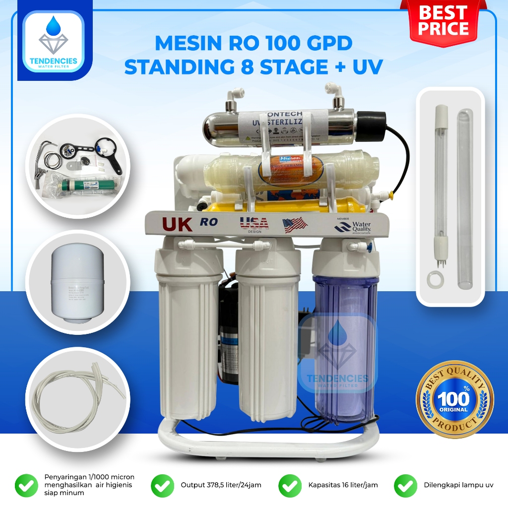Mesin RO 100 GPD UK Standing 8 Tahap Plus UV Filter Air Minum Rumah Tangga