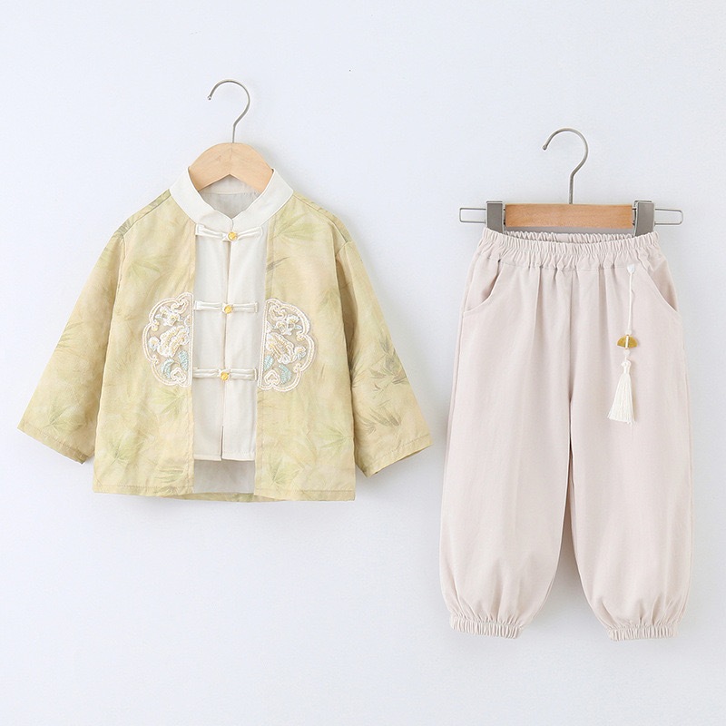 Setelan Cheongsam Hanfu Anak Laki Laki Imlek CNY Lengan Panjang Celana Panjang Longwei