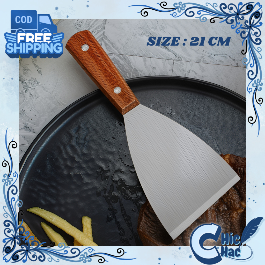 Spatula Teppanyaki 21 CM Gagang Kayu / Sutil Kape Stainless SUS 304 / Spatula Pizaa BQQ Murah
