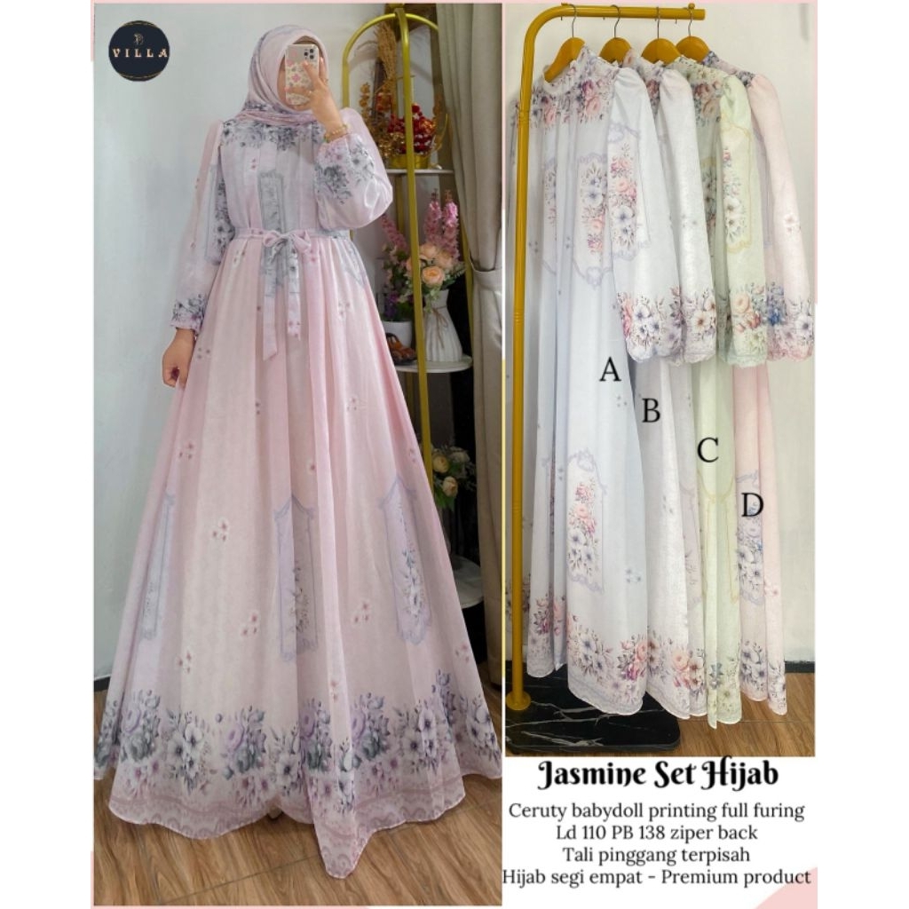 Dress gamis set hijab ceruty terbaru flower maxy ceruty motif full furing by fatiha