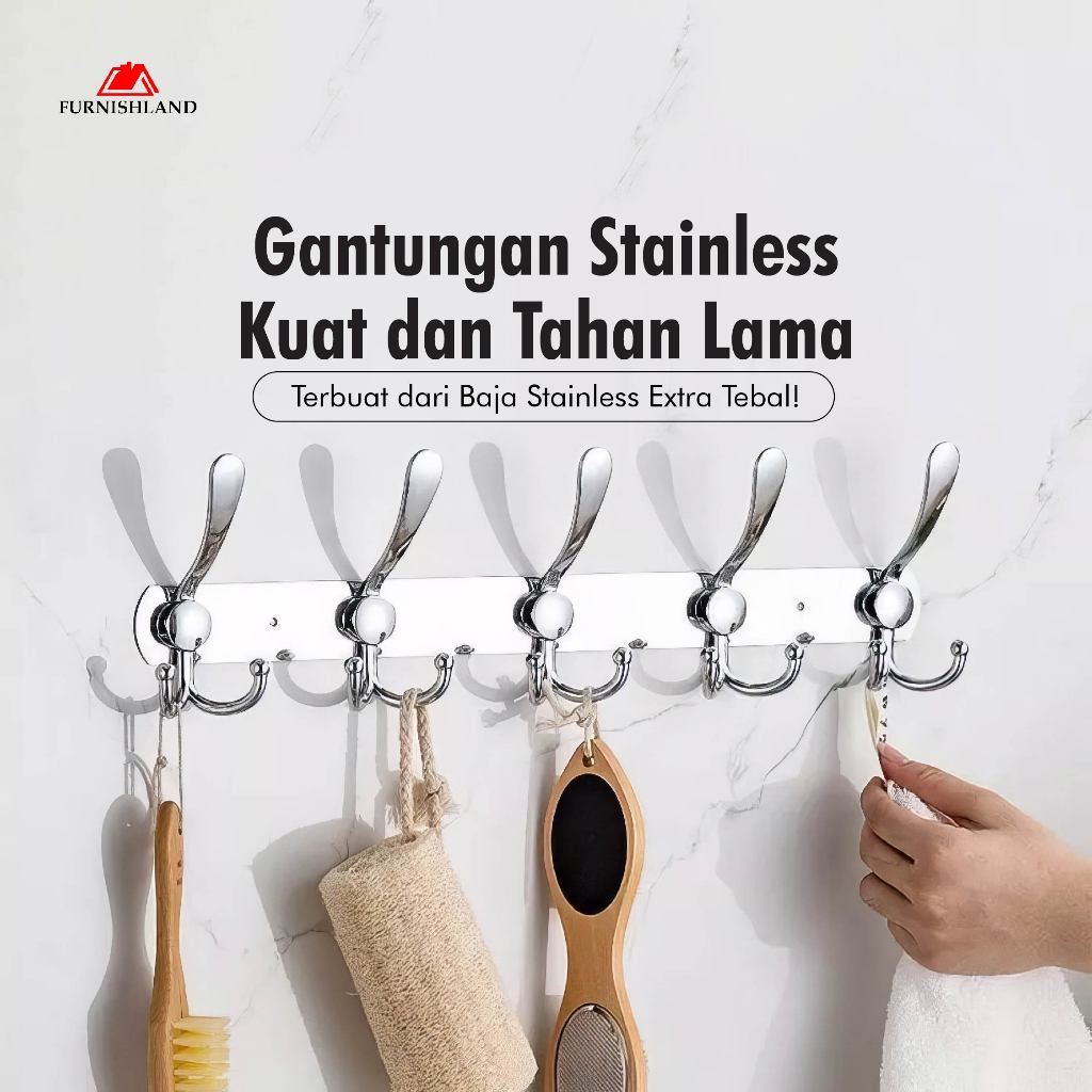 Gantungan Baju Pintu & Dinding - Gantungan Baju Stainless Steel 5 Hook - Gantungan Baju Model Mewah