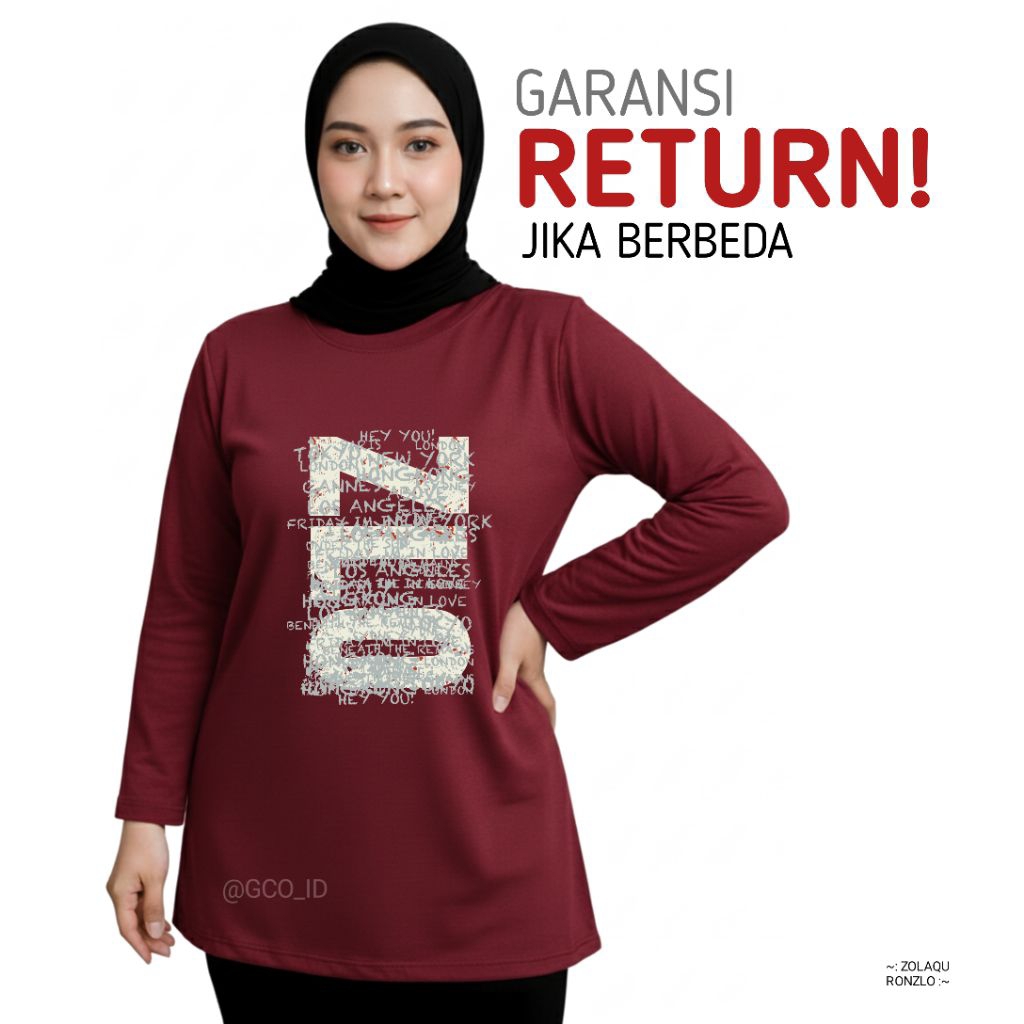Kaos Harian Nyaman Zolaqu Original 2026 Merah Maroon Motif Ekslusif Lengan Panjang Korea Hijab Style