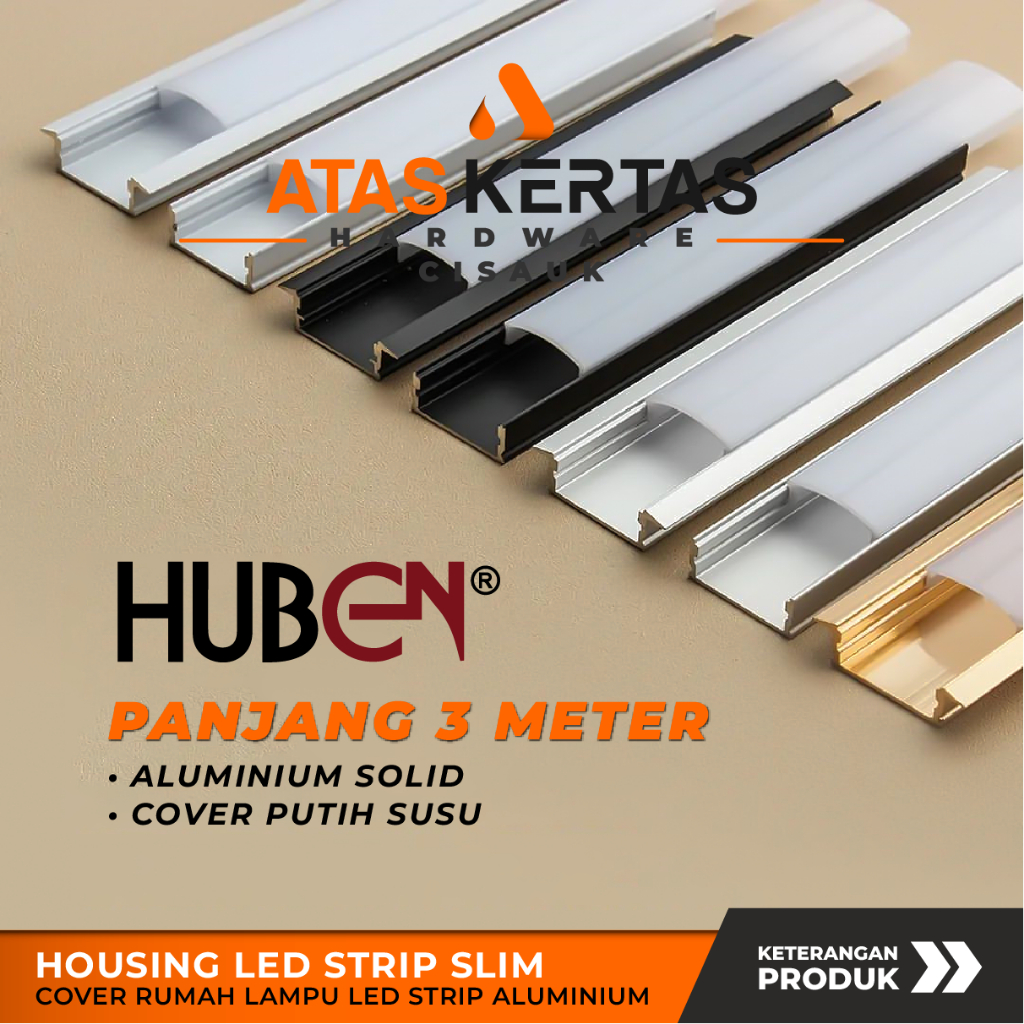 Housing Lampu LED Strip Kabinet 3 Meter – Aluminium U Channel 1724 Cover Diffuser Putih Susu