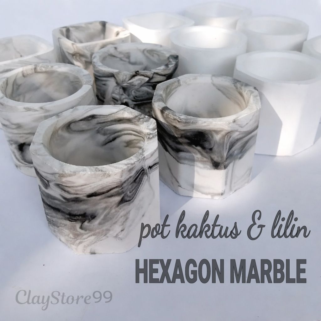 SOUVENIR POT KAKTUS HEXAGON MARBLE || LILIN AROMATERAPI || MODEL MARBLE