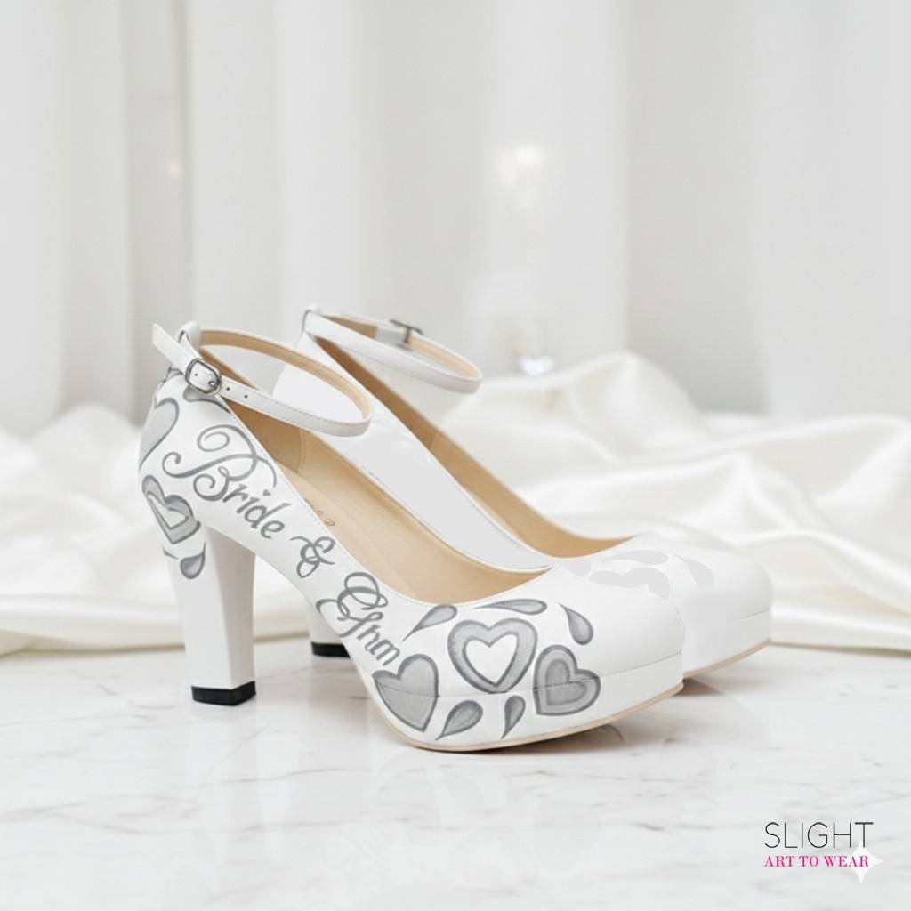 SLIGHT Sepatu Chunky Amour Putih Wedding Shoes High Heels Lukis | Sepatu pesta 10cm