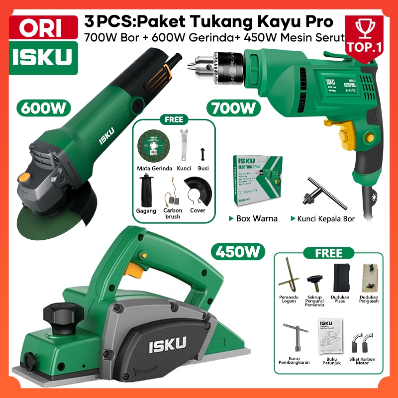 ISKU Mesin Bor Listrik Tangan Gerinda Sudut Angle Grinder Alat Serut Kayu Pasah Planer Tukang Bangun
