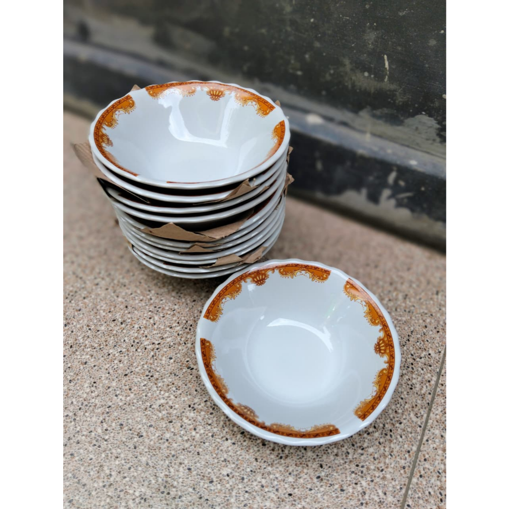 Satu Lusin (12pcs) Mangkok Makan Keramik Lilia 7inch Mangkok Motif Mahkota Mewah Mangkuk Dapur