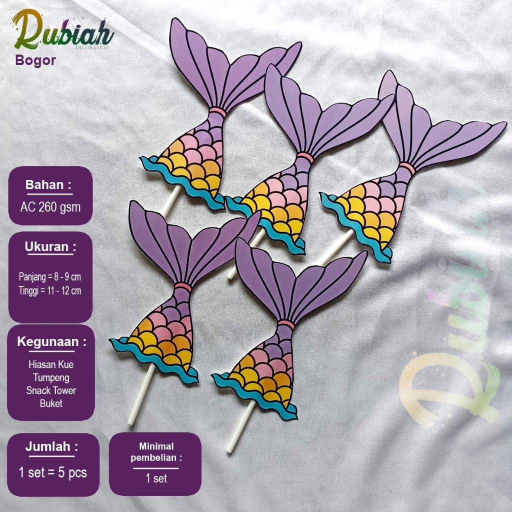 Banner Topper cake Hiasan Tusukan Kue Tart Ulang Tahun Anak Ekor Mermaid Ungu