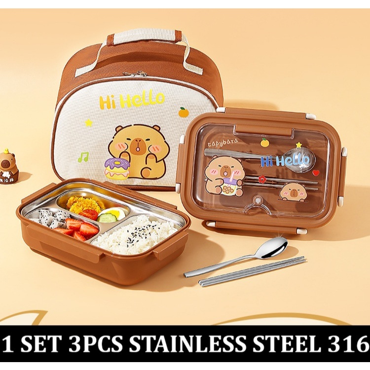 1 SET 3PCS Kotak bekal tempat makan siang stainless steel 316 1050 ml kapibara Capybara 3 sekat orig