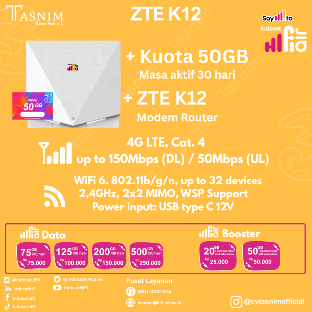 Indosat HiFi Air ZTE K12 Wifi Modem 4G LTE + 50Gb