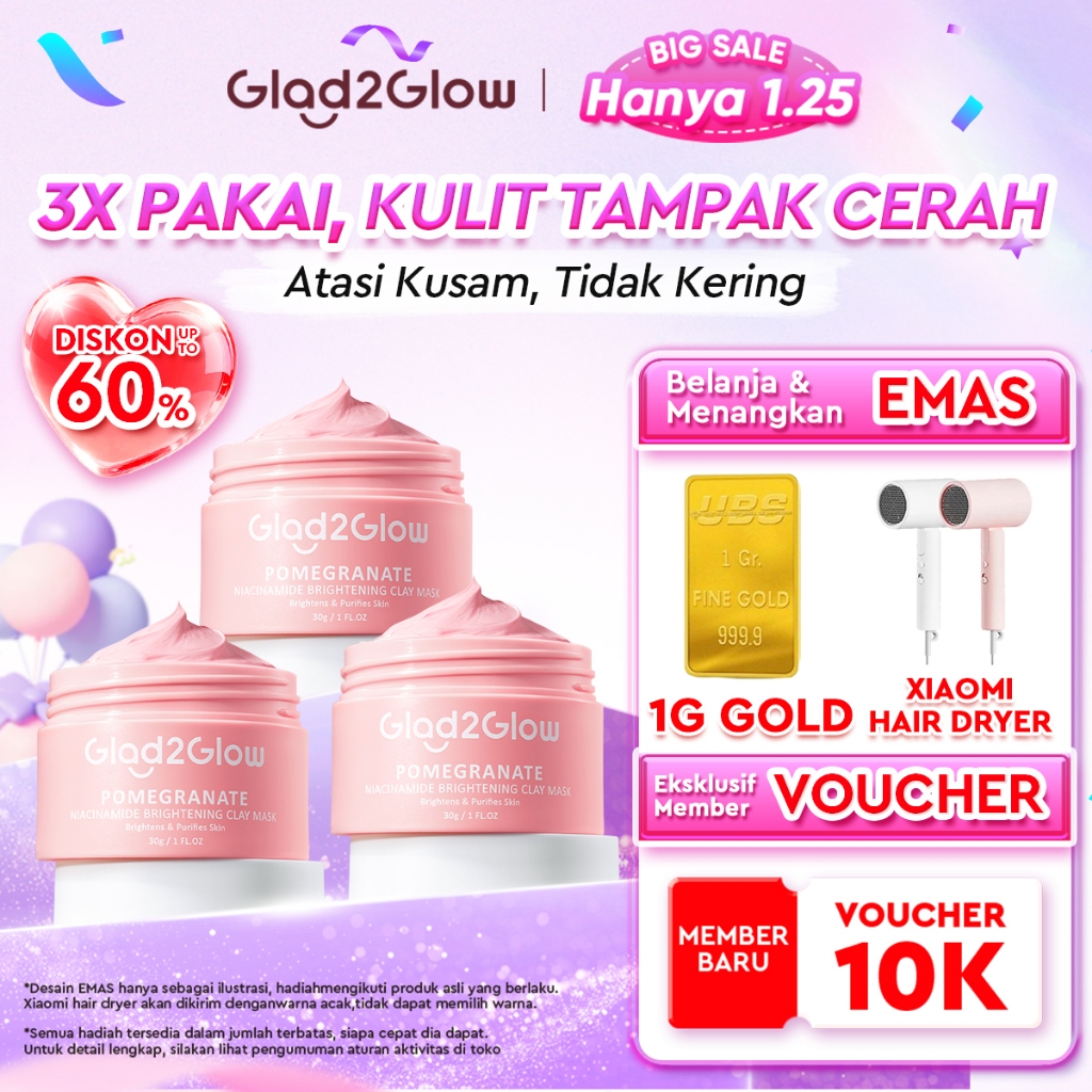 Glad2Glow Pomegranate Niacinamide Brightening Clay Mask Masker Wajah Masker Pencerah Mud Mask Masker