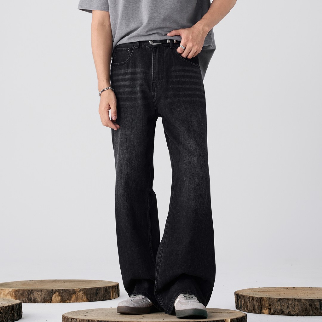 Celana Jeans Pria FABBT | Hitam Straight Leg Minimalis Cat Scratch Premium Streetwear Kantoran