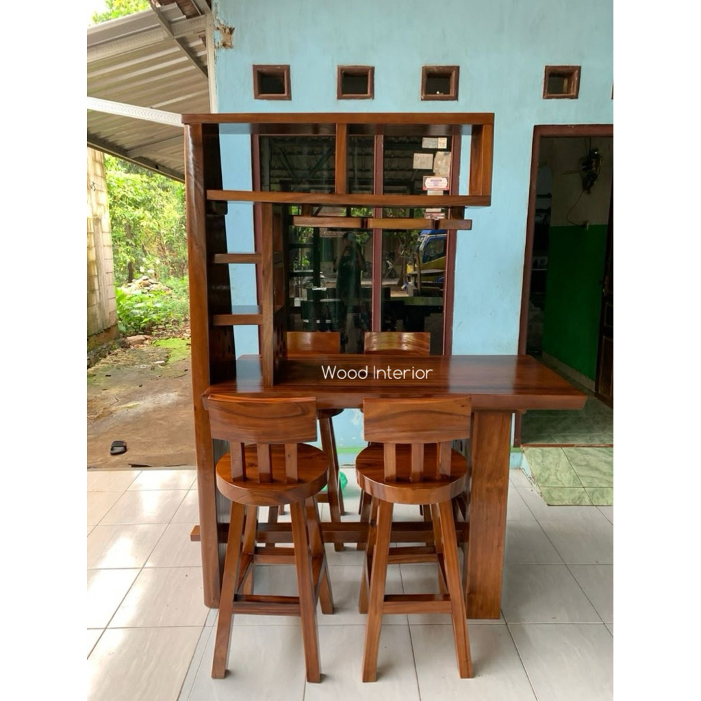 Meja Bar Trembesi | Set Mini Bar Kayu Solid | Kursi Bar Trembesi