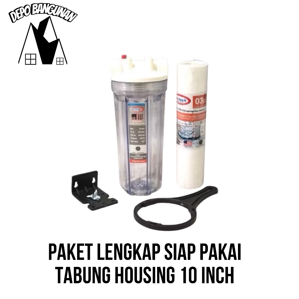 Paket Lengkap Siap Pakai Tabung Filter Housing Eugen 10” 10 Inch Clear Bening Transparan Catridge Fi