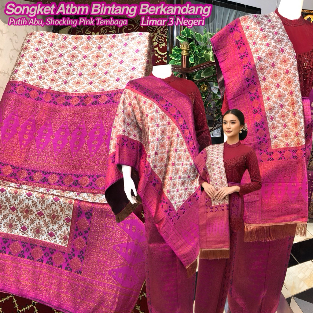 Songket Palembang Atbm Limar 3 Negeri Warna Shocking Pink/ songket Tenun Mesin palembang /Songket pe