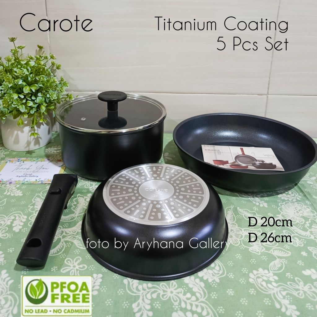 CAROTE Original 5 Pcs Set Detachable Handle Lapisan Titanium Alat Masak Anti Lengket Gagang Lepas Pa