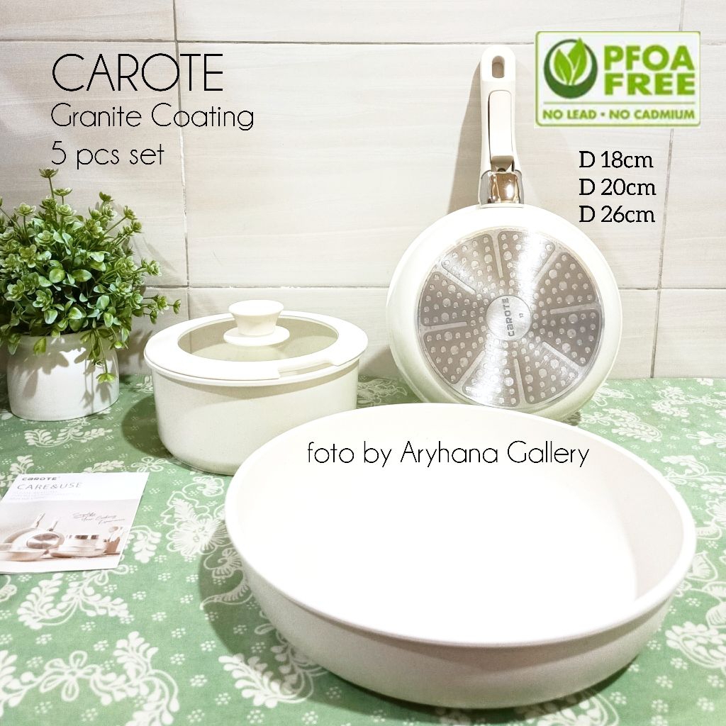 CAROTE Original 5 Pcs set White Granite Coating Anti lengket Detachable Handle Gagang Lepas Pasang
