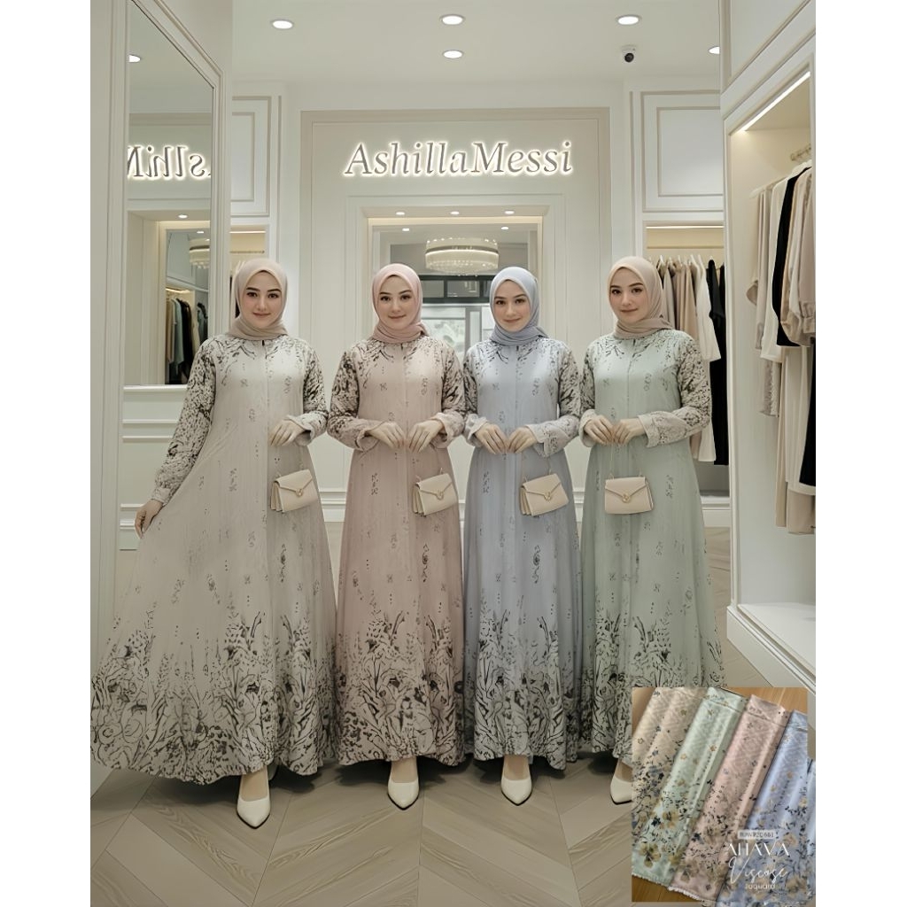 GAMIS JAGUAR VISCOSE BY ASHILLA/GAMIS SET HIJAB AINUN FULL MOTIF ORY ASHILLA MESSI/GAMIS SET RAYON S