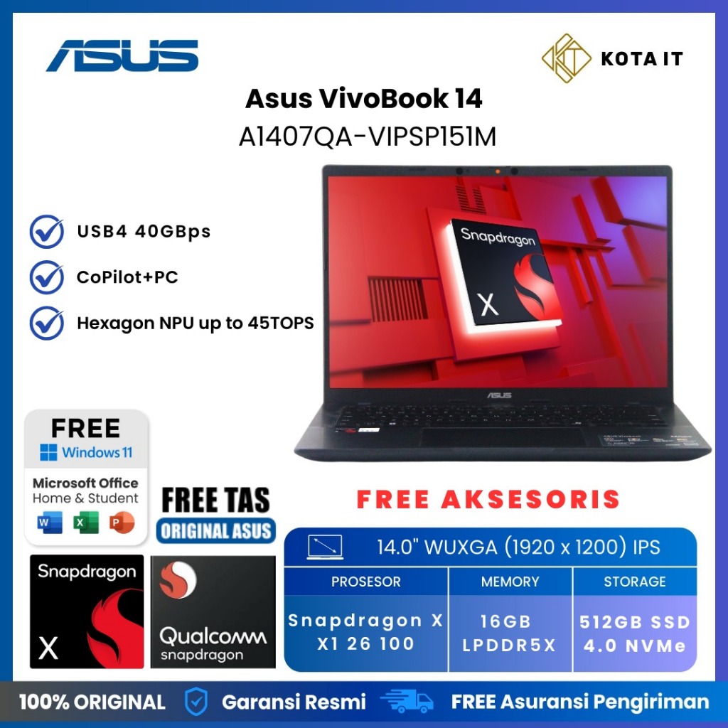 RESMI LAPTOP AI LAPTOP Asus VivoBook A1407QA-VIPSP151M with Snapdragon 16GB RAM